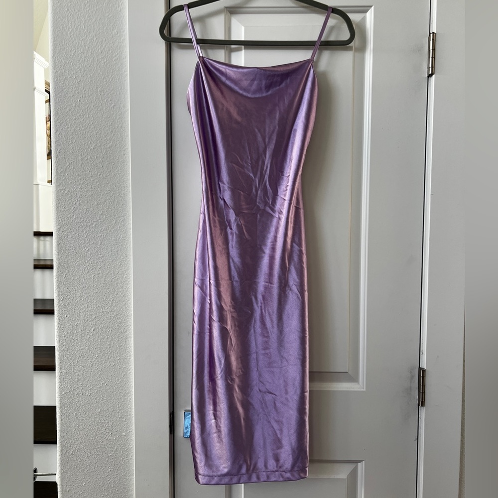 Satin Spaghetti Strap Cocktail Midi Dress with Slit